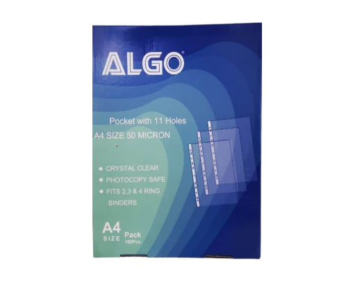PACK DE 100 POCHETTES PERFOREES A4 50mic ALGO
